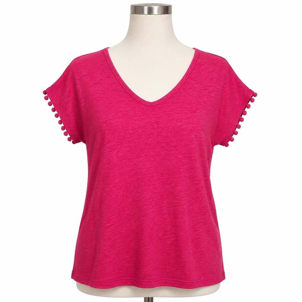 Tommy Bahama 100% Linen Top Women’s Small Pink V-Neck Pom Trim Tee